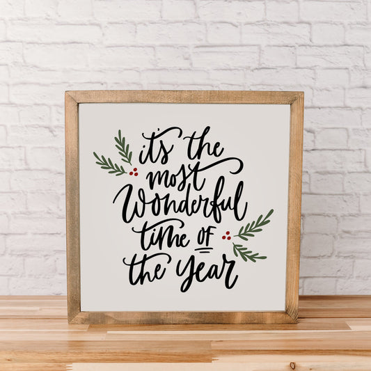 It’s the Most Wonderful Time of the Year Sign – Black, Red & Green Lettering – Wood Framed Christmas Decor