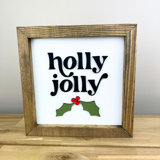 Holly Jolly Christmas Sign – 8x8 Inches – 3D Laser-Cut Red & Green Lettering – Holiday Decor