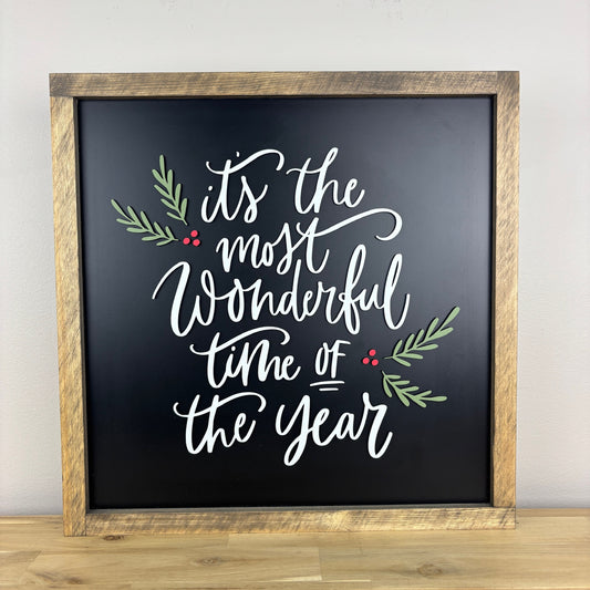It’s the Most Wonderful Time of the Year Sign – Black, Red & Green Lettering – Wood Framed Christmas Decor