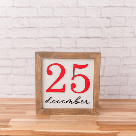 December 25 Christmas Sign – 8x8 Inches – Red & Black 3D Laser-Cut Lettering – Holiday Decor