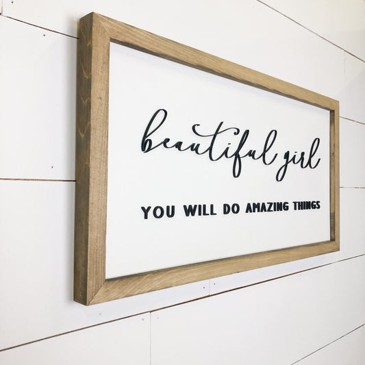 Beautiful Girl | 11x21 inch 3D Wood Framed Sign | Nursery Sign