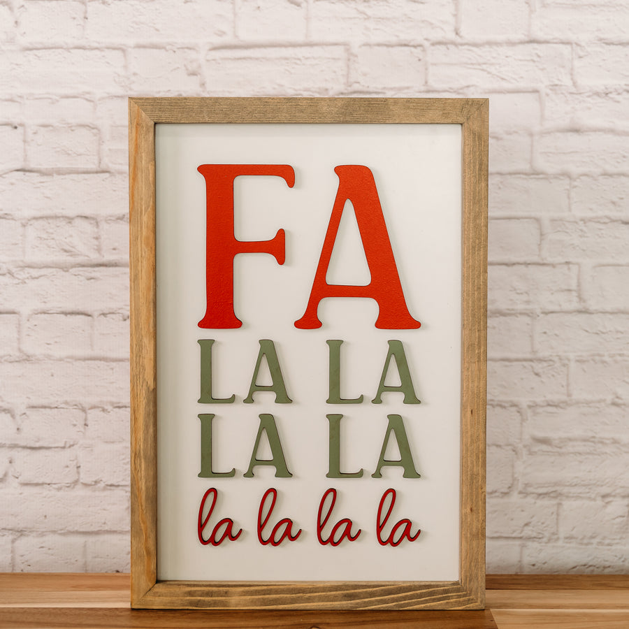 Fa La La La La Christmas Sign – 11x16 Inches – Red & Olive Green Lettering – Holiday Decor