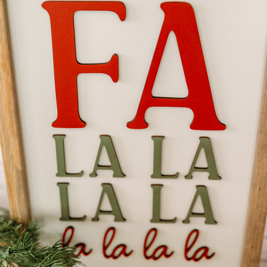 Fa La La La La Christmas Sign – 11x16 Inches – Red & Olive Green Lettering – Holiday Decor