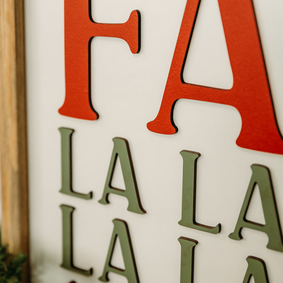 Fa La La La La Christmas Sign – 11x16 Inches – Red & Olive Green Lettering – Holiday Decor