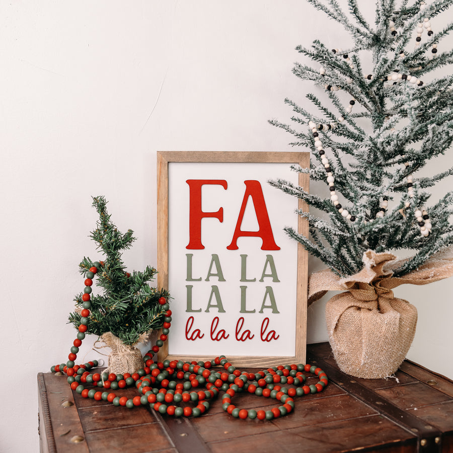 Fa La La La La Christmas Sign – 11x16 Inches – Red & Olive Green Lettering – Holiday Decor