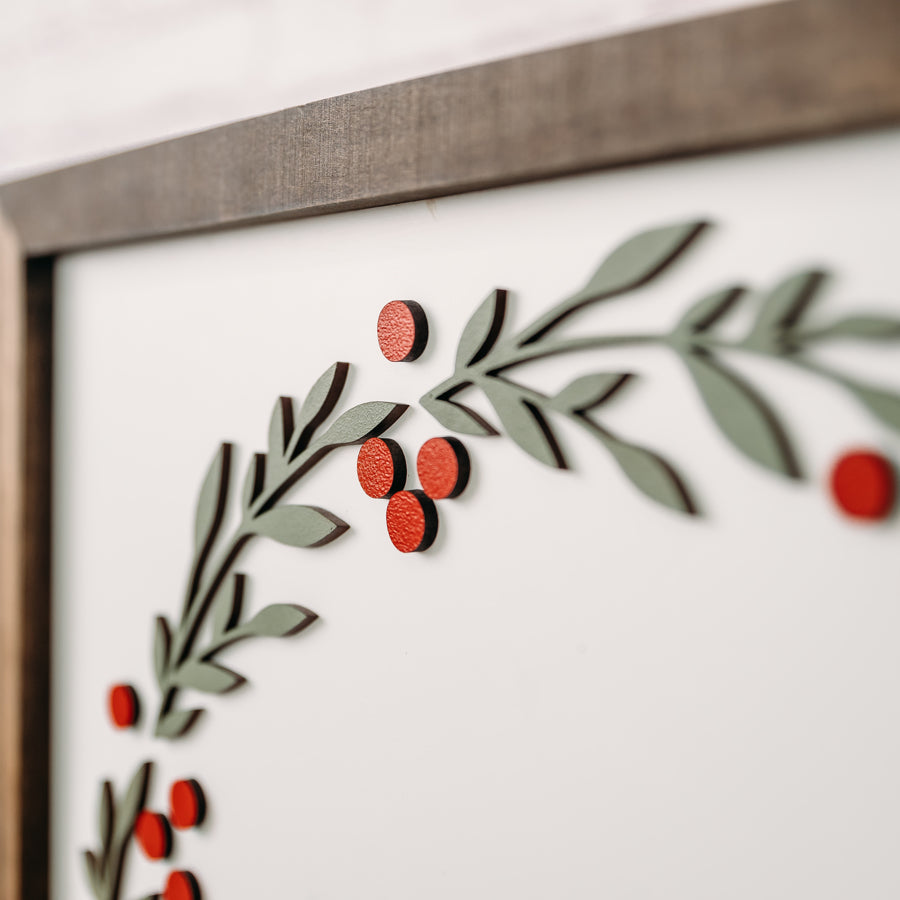 Merry Christmas Wreath Sign – 16x16 Inches – Black, Red & Green Design – Dark Walnut Wood Frame