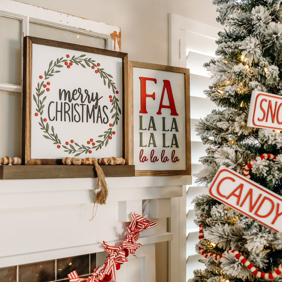 Merry Christmas Wreath Sign – 16x16 Inches – Black, Red & Green Design – Dark Walnut Wood Frame