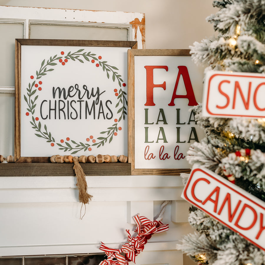 Merry Christmas Wreath Sign – 16x16 Inches – Black, Red & Green Design – Dark Walnut Wood Frame