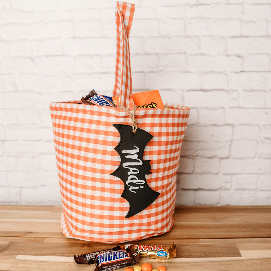 Personalized Halloween Trick or Treat Bags with Bat Tags - Custom Halloween Candy Bags