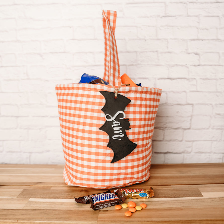 Personalized Halloween Trick or Treat Bags with Bat Tags - Custom Halloween Candy Bags