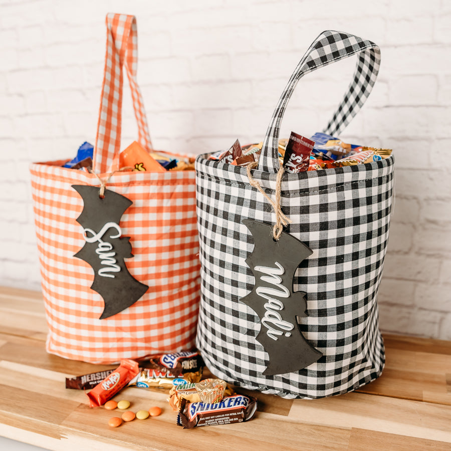Personalized Halloween Trick or Treat Bag with Bat Tag
