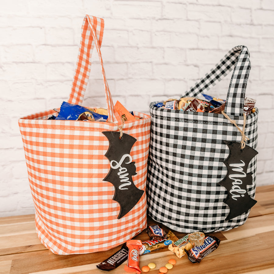 Personalized Halloween Trick or Treat Bags with Bat Tags - Custom Halloween Candy Bags