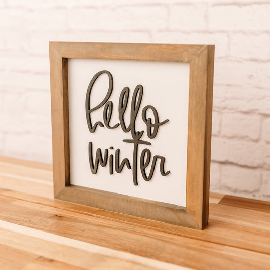 Hello Winter Sign – 8x8 Inches – Matte Black Lettering – Winter Wood Decor