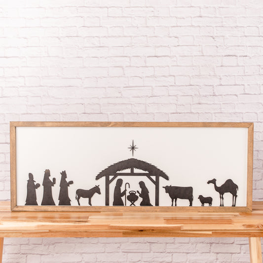 Nativity Sign – 13x35 Inches – White Background – Weathered Walnut Frame – Christmas Decor