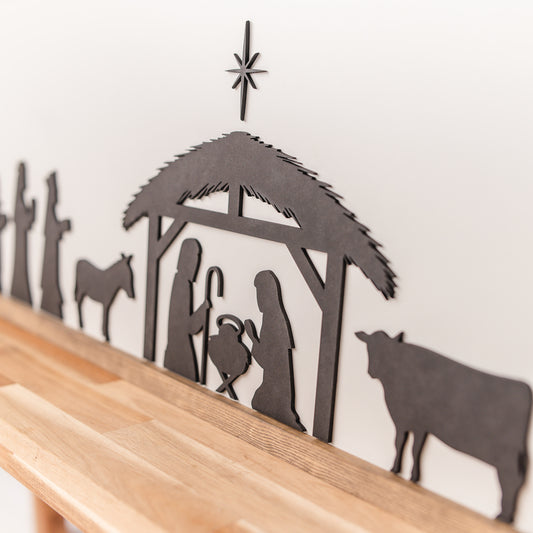 Nativity Sign – 13x35 Inches – White Background – Weathered Walnut Frame – Christmas Decor