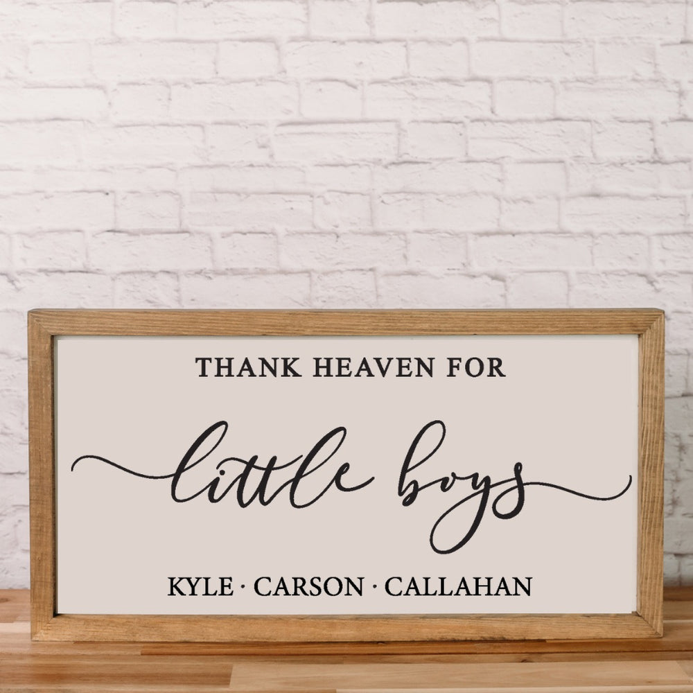 Personalized Thank Heaven for Little Boys | 11x21 inch Wood Sign | Boy Nursery Decor