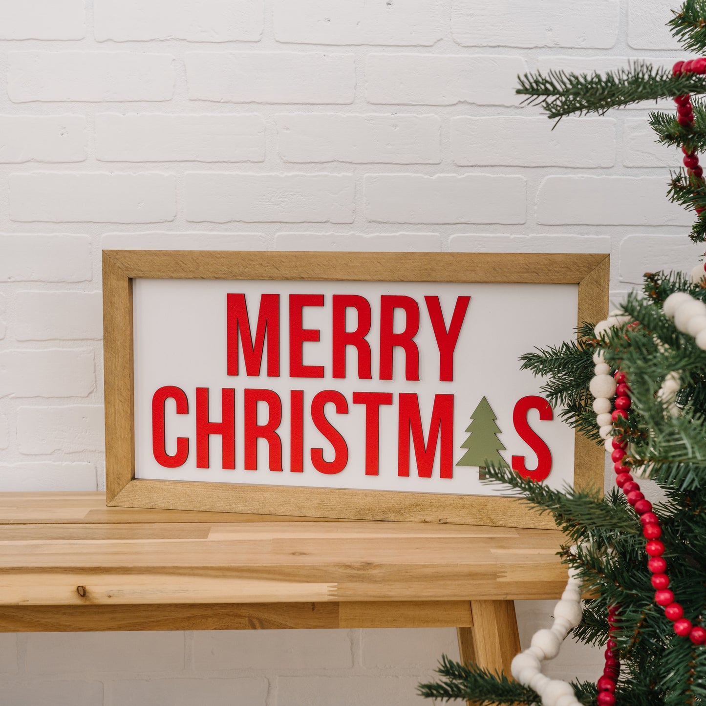 Merry Christmas with Tree | 11x21 inch Red White and Green Wood Sign