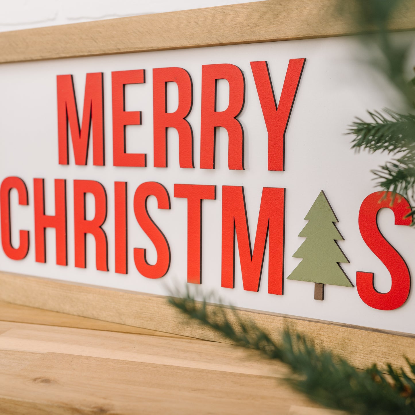 Merry Christmas with Tree | 11x21 inch Red White and Green Wood Sign