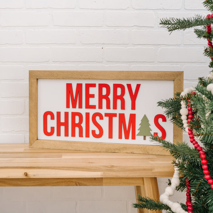 Merry Christmas with Tree Sign – 11x21 Inches – Red, White & Green Wood Sign – Holiday Decor