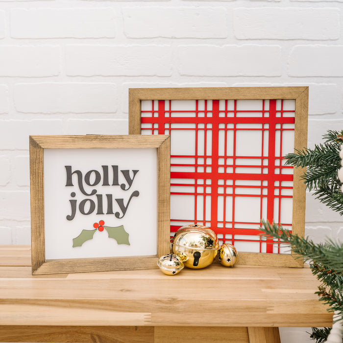 8x8 inch Holly Jolly + 11x11 inch Red Plaid | Wood Sign BUNDLE