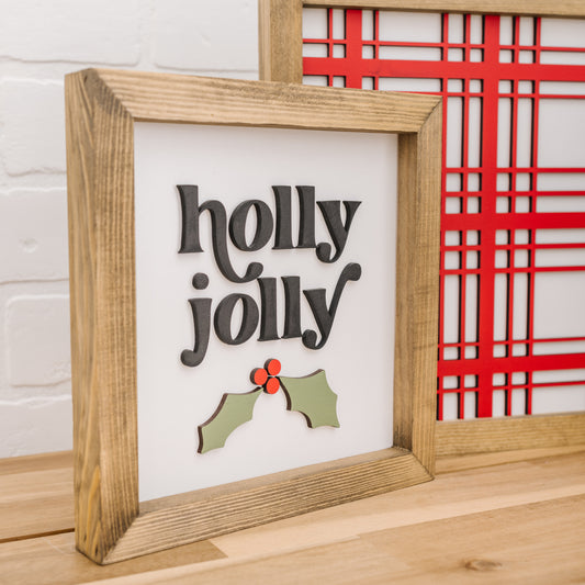 Holly Jolly Christmas Sign – 8x8 Inches – 3D Laser-Cut Red & Green Lettering – Holiday Decor