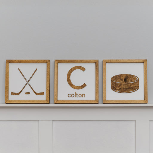 Set of 3 Hockey Laser-Cut Wood Signs for Kids' Bedroom - Custom Wall Decor