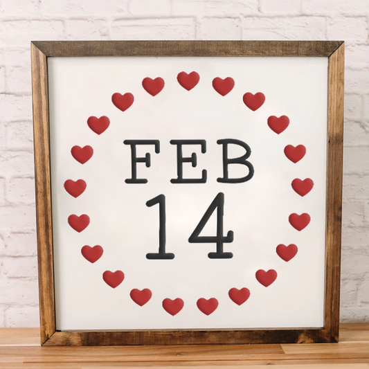 February 14 Heart Wreath Sign | 16x16 inch Wood Framed Sign | Valentine Sign