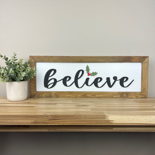 8x23 inch Believe with Holly and Berries