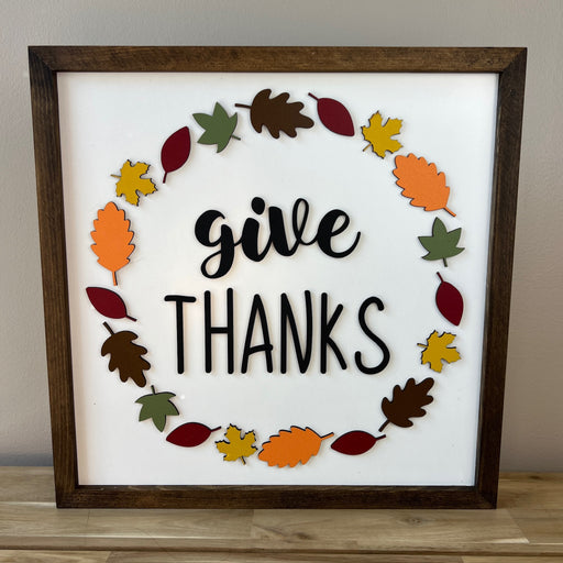 Give Thanks Wreath Sign | 16x16 inch Wood Framed Sign