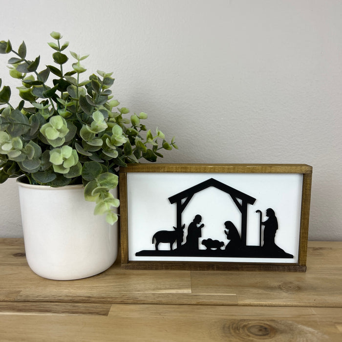 Christmas Nativity Bundle – 2 Wood Signs – 4x7 Inches – Black 3D Laser-Cut Nativity & "Merry Christmas" Designs