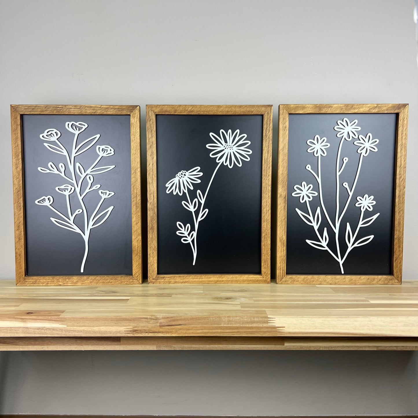 Set of 3 Floral Black Wood Signs | 11x16 inch Sign Set | Black with White Flowers