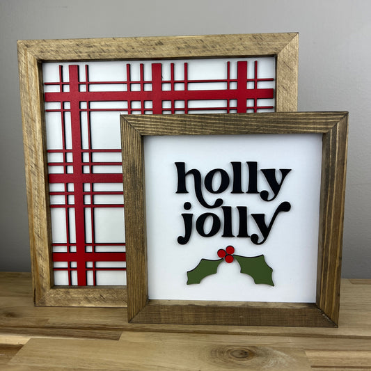 8x8 inch Holly Jolly + 11x11 inch Red Plaid | Wood Sign BUNDLE
