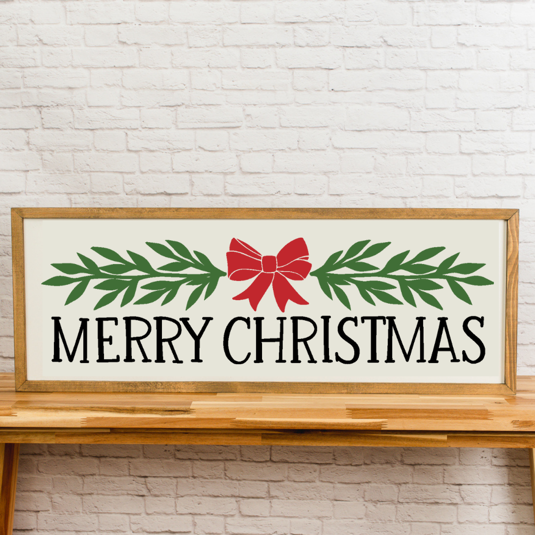 Merry Christmas with Bow and Holly | 13x35 inch 3D Wood Framed Sign | Merry Christmas Sign