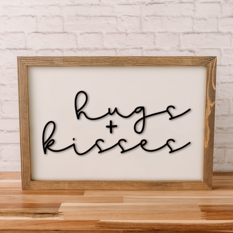 Hugs + Kisses | 11x16 inch Wood Framed Sign | 3D Lettering