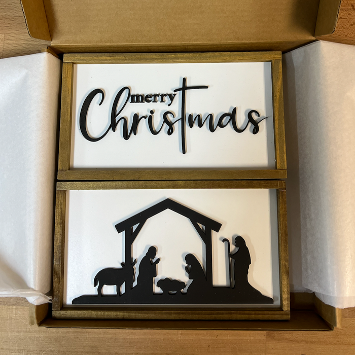 Christmas Nativity Bundle – 2 Wood Signs – 4x7 Inches – Black 3D Laser-Cut Nativity & "Merry Christmas" Designs