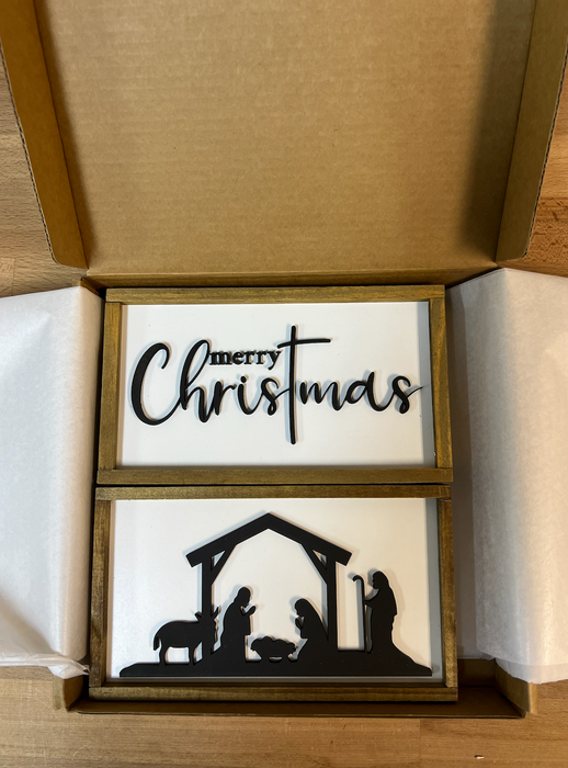 Christmas Nativity Bundle – 2 Wood Signs – 4x7 Inches – Black 3D Laser-Cut Nativity & "Merry Christmas" Designs