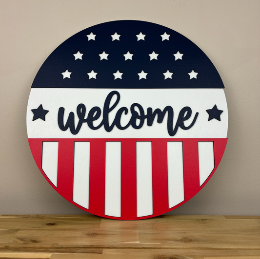 Patriotic Welcome Sign | 18 inch Wood Round Sign