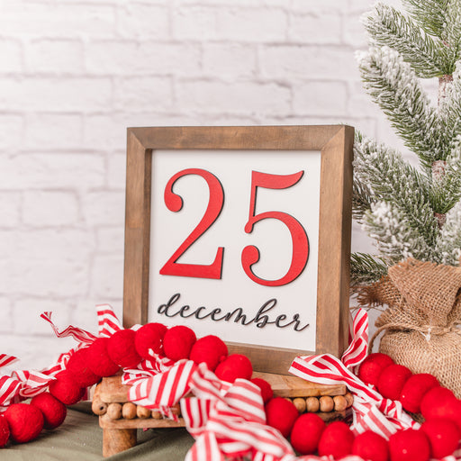 December 25 Christmas Sign – 8x8 Inches – Red & Black 3D Laser-Cut Lettering – Holiday Decor