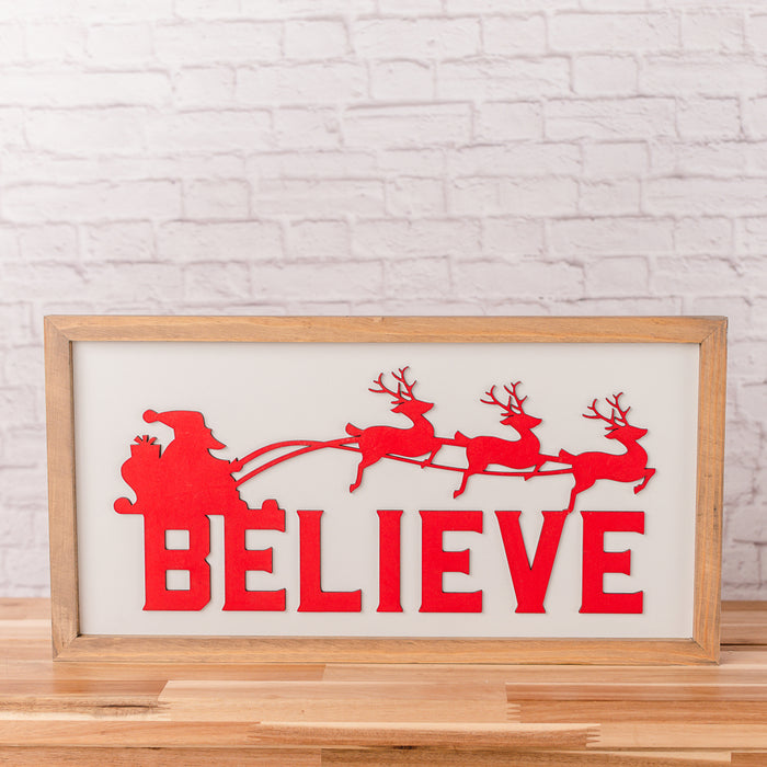 Believe | 11x21 inch Red and White Wood Sign