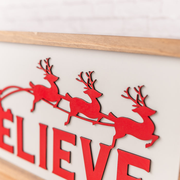 Believe | 11x21 inch Red and White Wood Sign