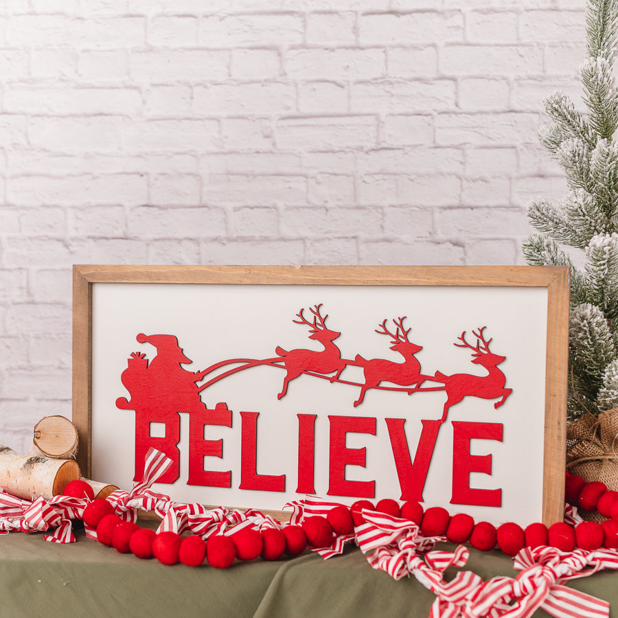 Believe | 11x21 inch Red and White Wood Sign