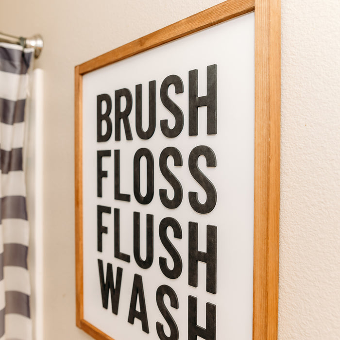 Brush Floss Flush Wash | 17x21 inch Wood Sign | Bathroom Sign | Kids Bathroom Sign