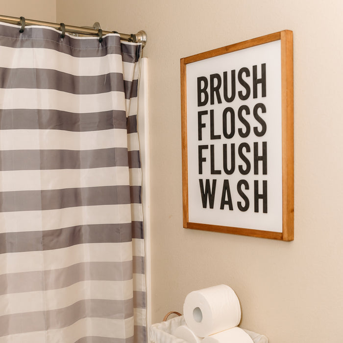 Brush Floss Flush Wash | 17x21 inch Wood Sign | Bathroom Sign | Kids Bathroom Sign