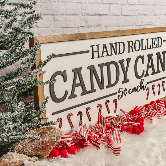 Hand Rolled Candy Canes Sign – 13x35 Inches – Black & Red Lettering – Christmas Wood Decor