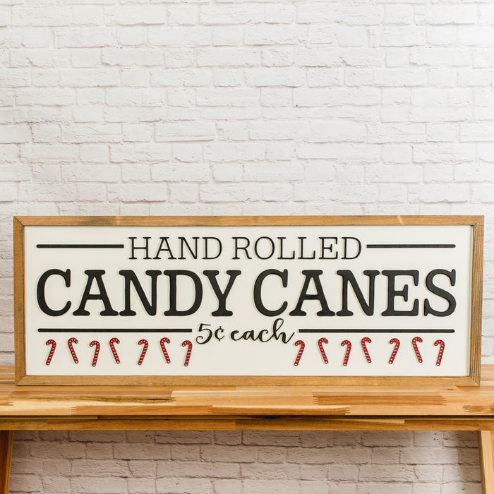 Hand Rolled Candy Canes Sign – 13x35 Inches – Black & Red Lettering – Christmas Wood Decor