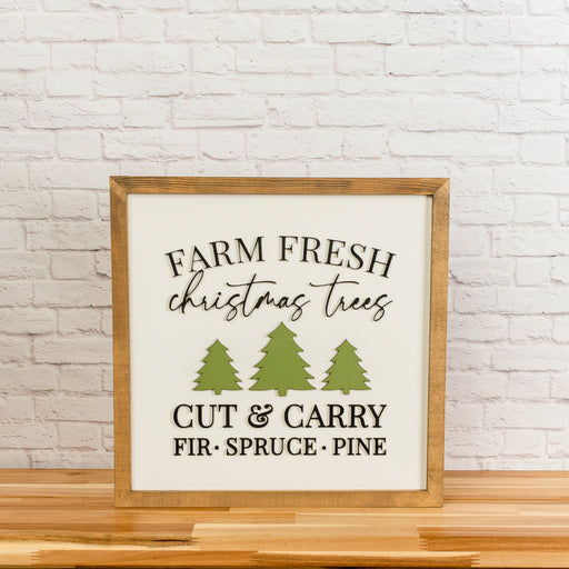 Farm Fresh Christmas Trees Sign – 14x14 Inches – Black & Green Lettering – Holiday Wood Decor