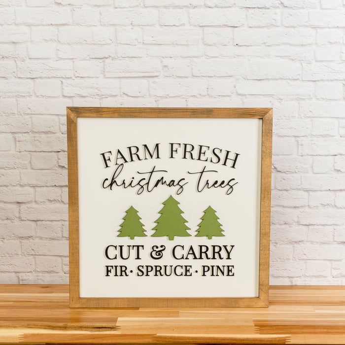 Farm Fresh Christmas Trees Sign – 14x14 Inches – Black & Green Lettering – Holiday Wood Decor