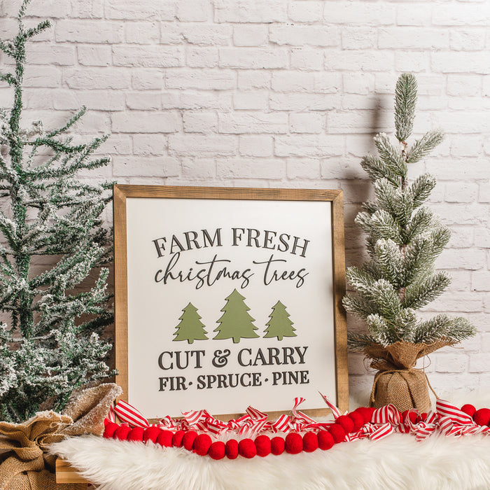 Farm Fresh Christmas Trees Sign – 14x14 Inches – Black & Green Lettering – Holiday Wood Decor