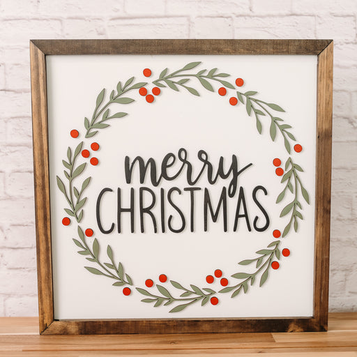 Merry Christmas Wreath Sign – 16x16 Inches – Black, Red & Green Design – Dark Walnut Wood Frame