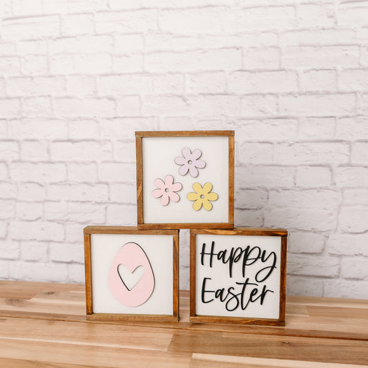 Spring Sign Bundle-Happy Easter, 3 flowers and pink egg-5x5